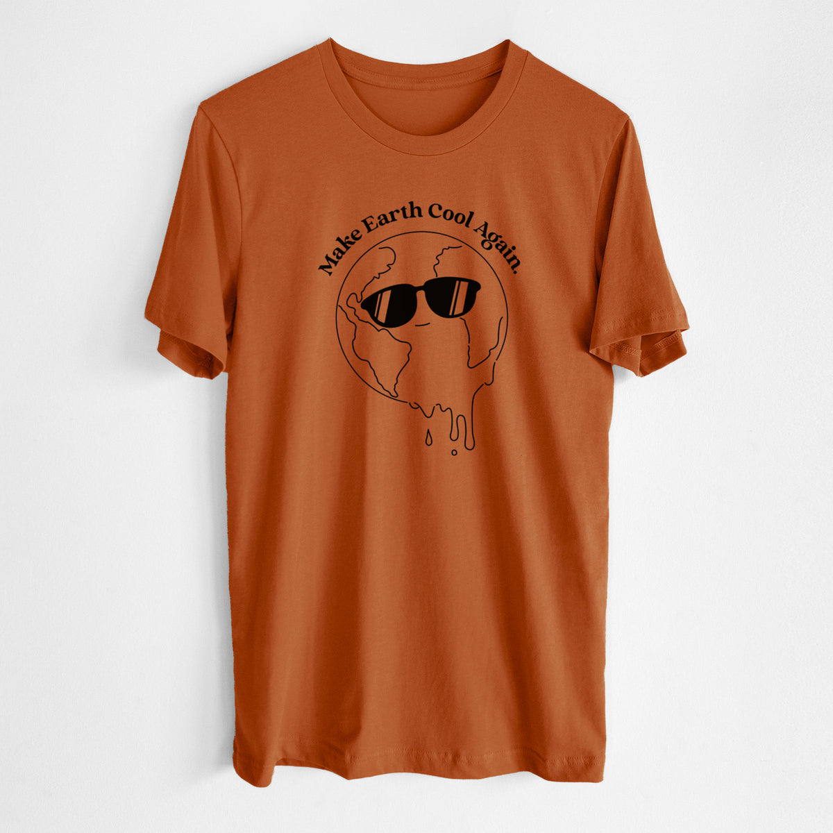Autumn lightweight cotton t-shirt laid flat, printed with a melting Earth wearing black sunglasses, with the words Make Earth Cool Again.