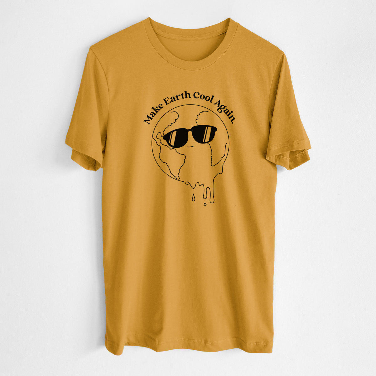 Honeycomb yellow lightweight cotton t-shirt laid flat, printed with a melting Earth wearing black sunglasses, with the words Make Earth Cool Again.