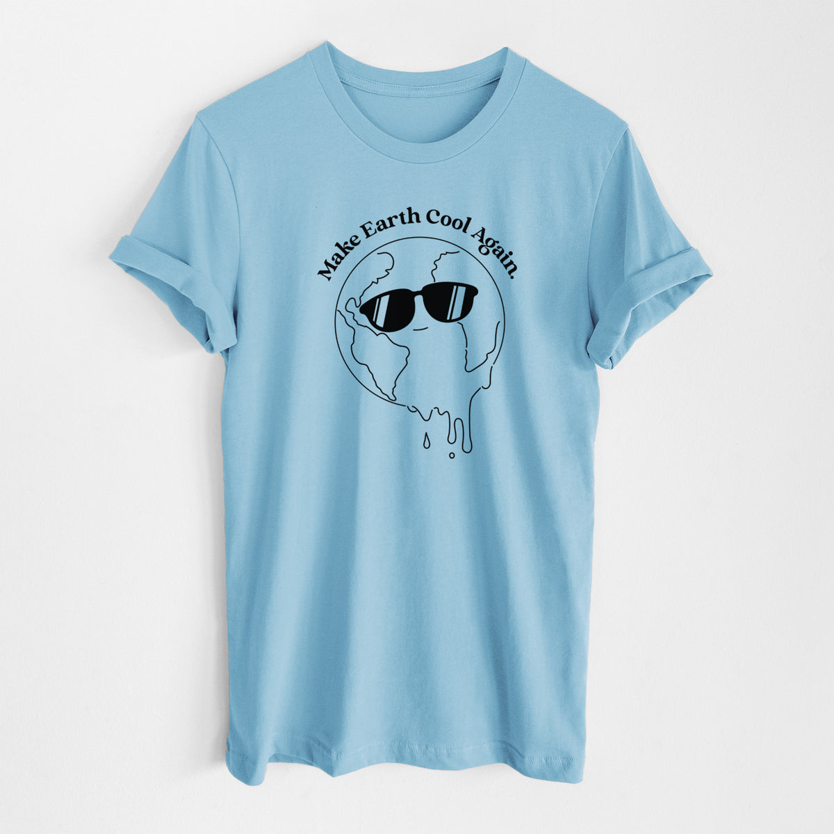 Ocean blue lightweight cotton t-shirt laid flat, printed with a melting Earth wearing black sunglasses, with the words Make Earth Cool Again.