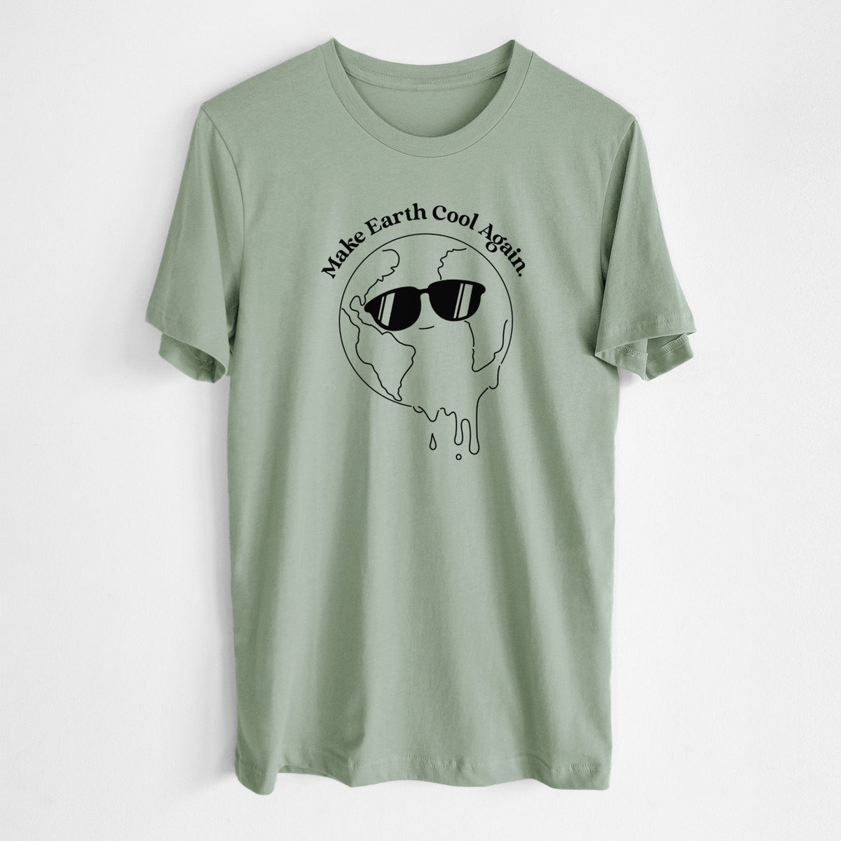 Sage green lightweight cotton t-shirt laid flat, printed with a melting Earth wearing black sunglasses, with the words Make Earth Cool Again.