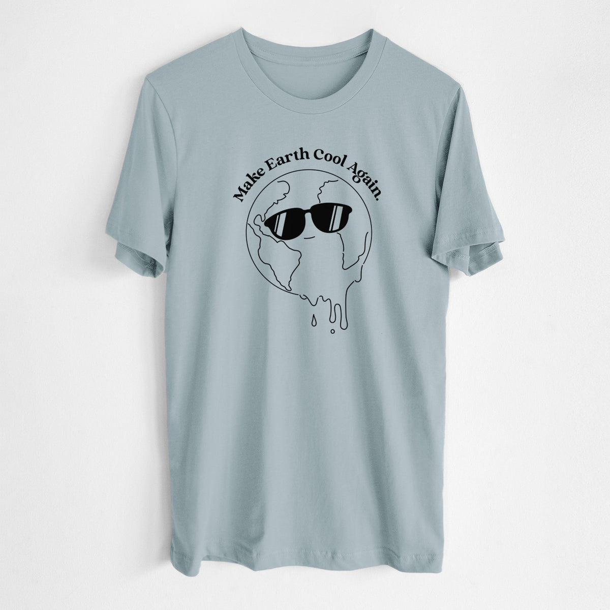 Vintage denim lightweight cotton t-shirt laid flat, printed with a melting Earth wearing black sunglasses, with the words Make Earth Cool Again.