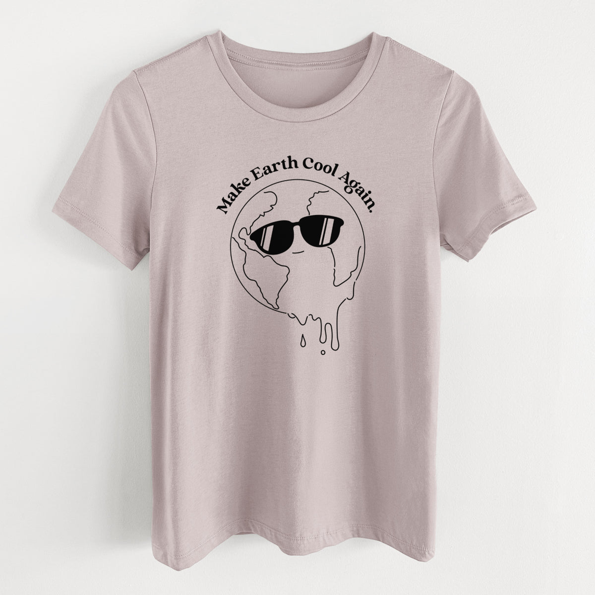 Pink gravel women's relaxed fit cotton t-shirt laid flat, printed with a melting Earth wearing black sunglasses, with the words Make Earth Cool Again.