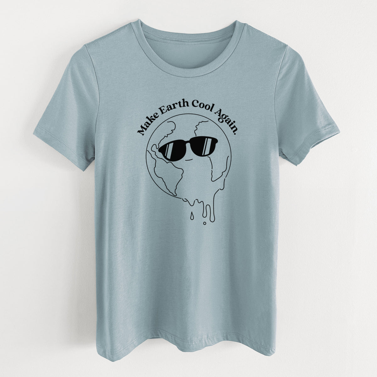 Vintage denim women's relaxed fit cotton t-shirt laid flat, printed with a melting Earth wearing black sunglasses, with the words Make Earth Cool Again.