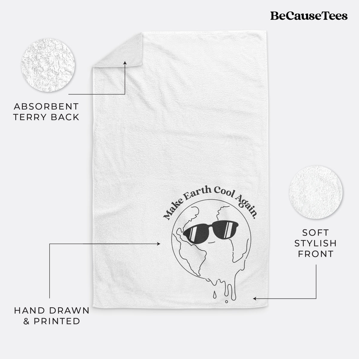 White hand towel printed with a melting Earth wearing black sunglasses, with the words Make Earth Cool Again.