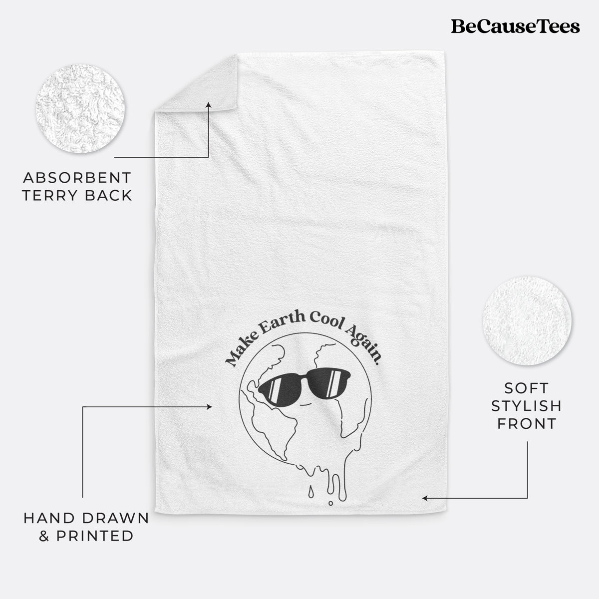 White hand towel printed with a melting Earth wearing black sunglasses, with the words Make Earth Cool Again.