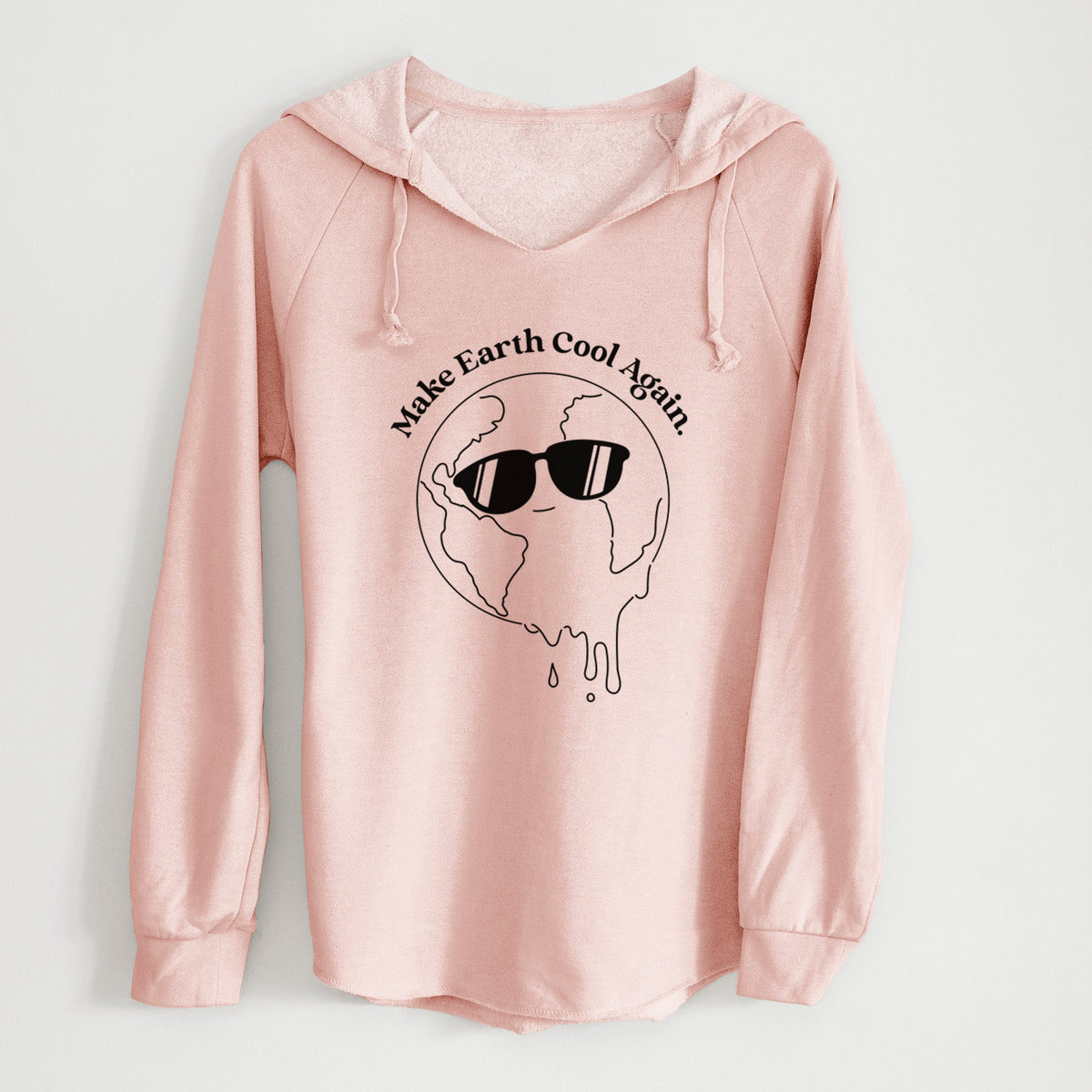 Blush pink women's Cali Wave hooded sweatshirt laid flat, printed with a melting Earth wearing black sunglasses, with the words Make Earth Cool Again.