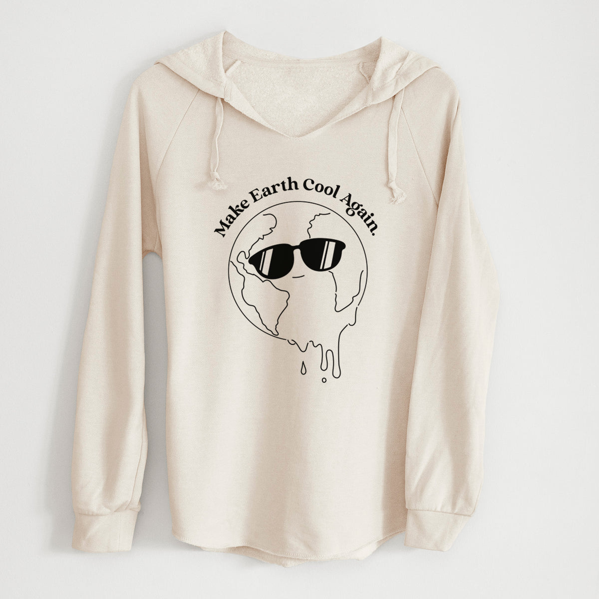 Bone cream women's Cali Wave hooded sweatshirt laid flat, printed with a melting Earth wearing black sunglasses, with the words Make Earth Cool Again.