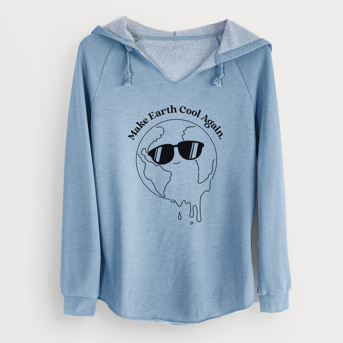 Misty blue women's Cali Wave hooded sweatshirt laid flat, printed with a melting Earth wearing black sunglasses, with the words Make Earth Cool Again.