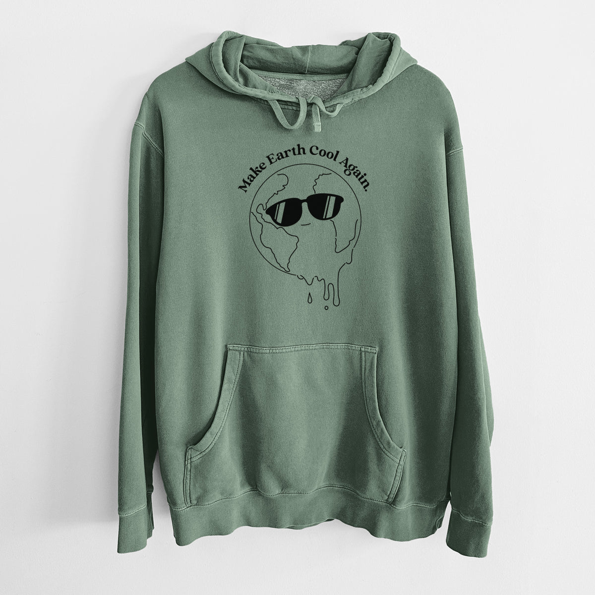 Alpine green pigment dyed hoodie laid flat, printed with a melting Earth wearing black sunglasses, with the words Make Earth Cool Again.