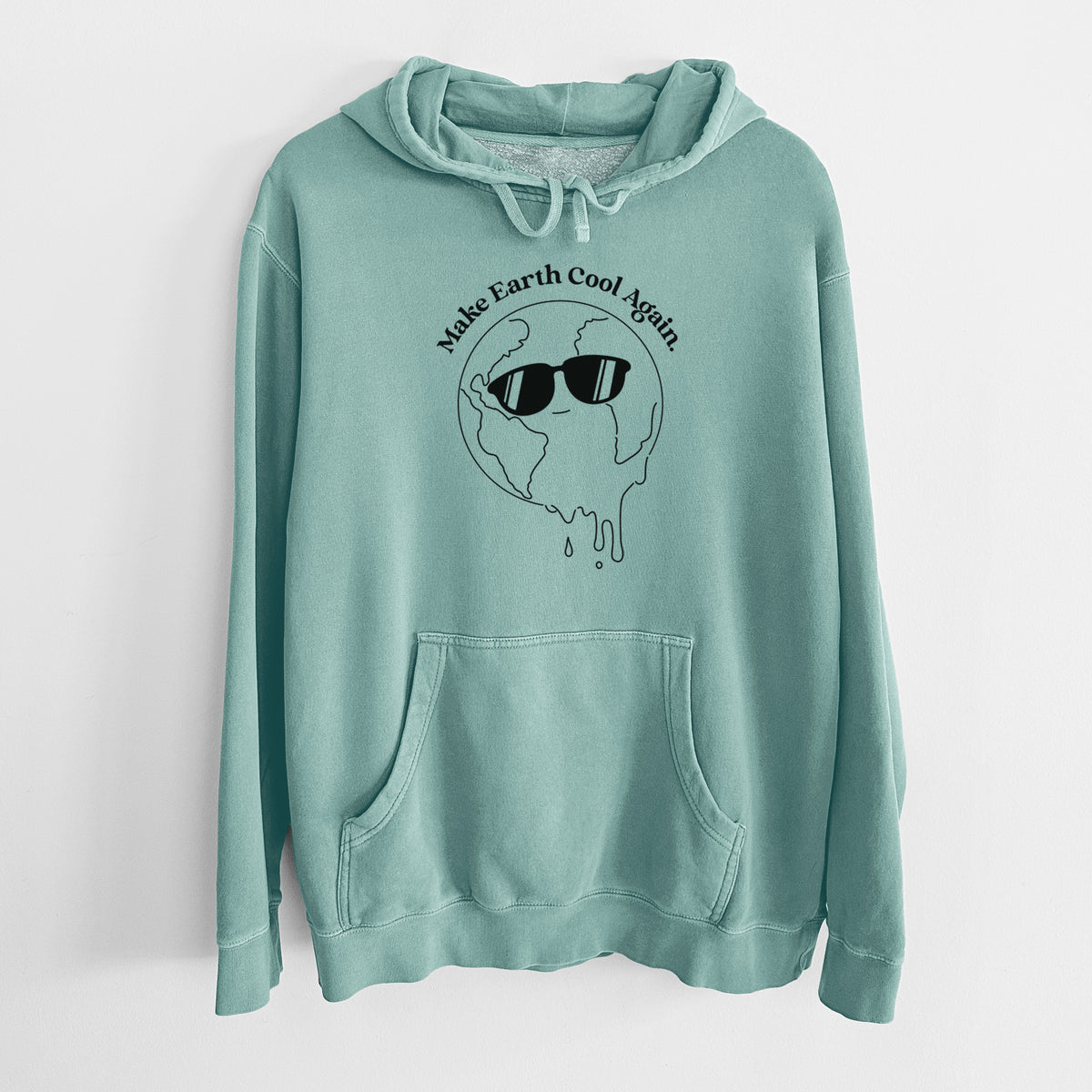 Mint green pigment dyed hoodie laid flat, printed with a melting Earth wearing black sunglasses, with the words Make Earth Cool Again.