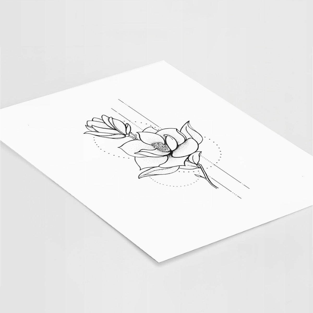 Art print of a black ink line drawing of a magnolia blossom on a stem, lying at an angle on a white surface.