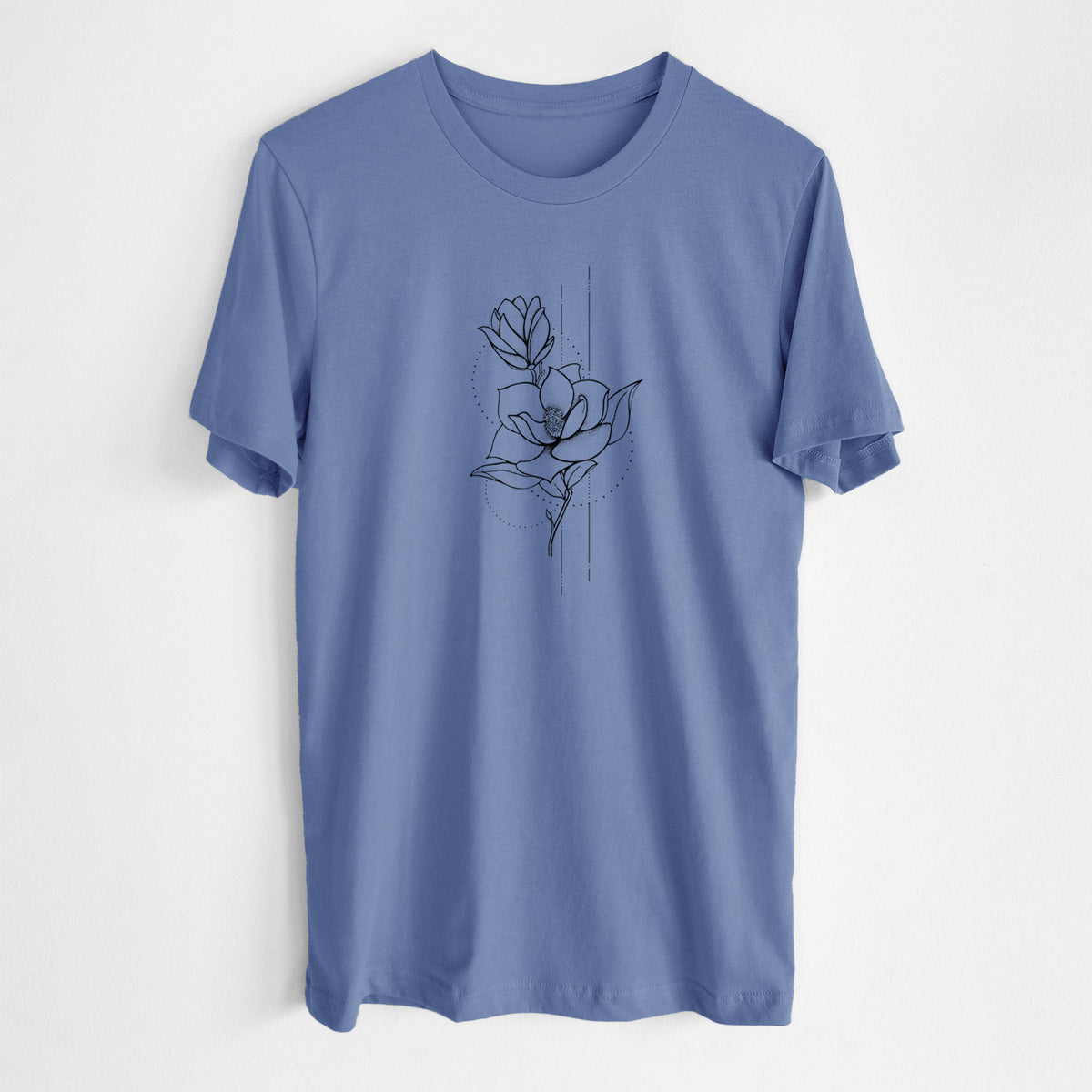 Blue bell lightweight cotton t-shirt laid flat, printed with a black ink line drawing of a magnolia blossom on a stem.