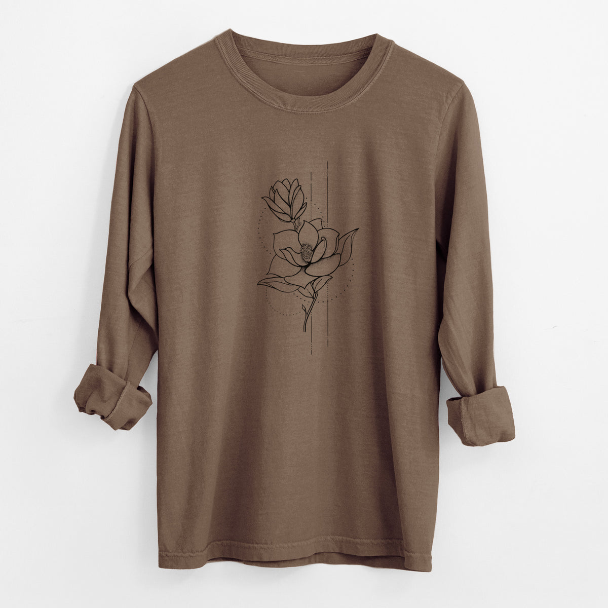 Espresso brown Comfort Colors long sleeve shirt laid flat with the cuffs rolled, printed with a black ink line drawing of a magnolia blossom on a stem.