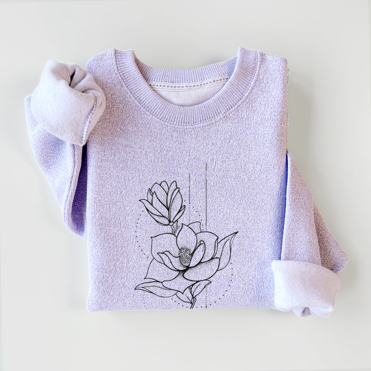 Ice purple knit sweatshirt printed with a black ink line drawing of a magnolia blossom on a stem, styled flat.