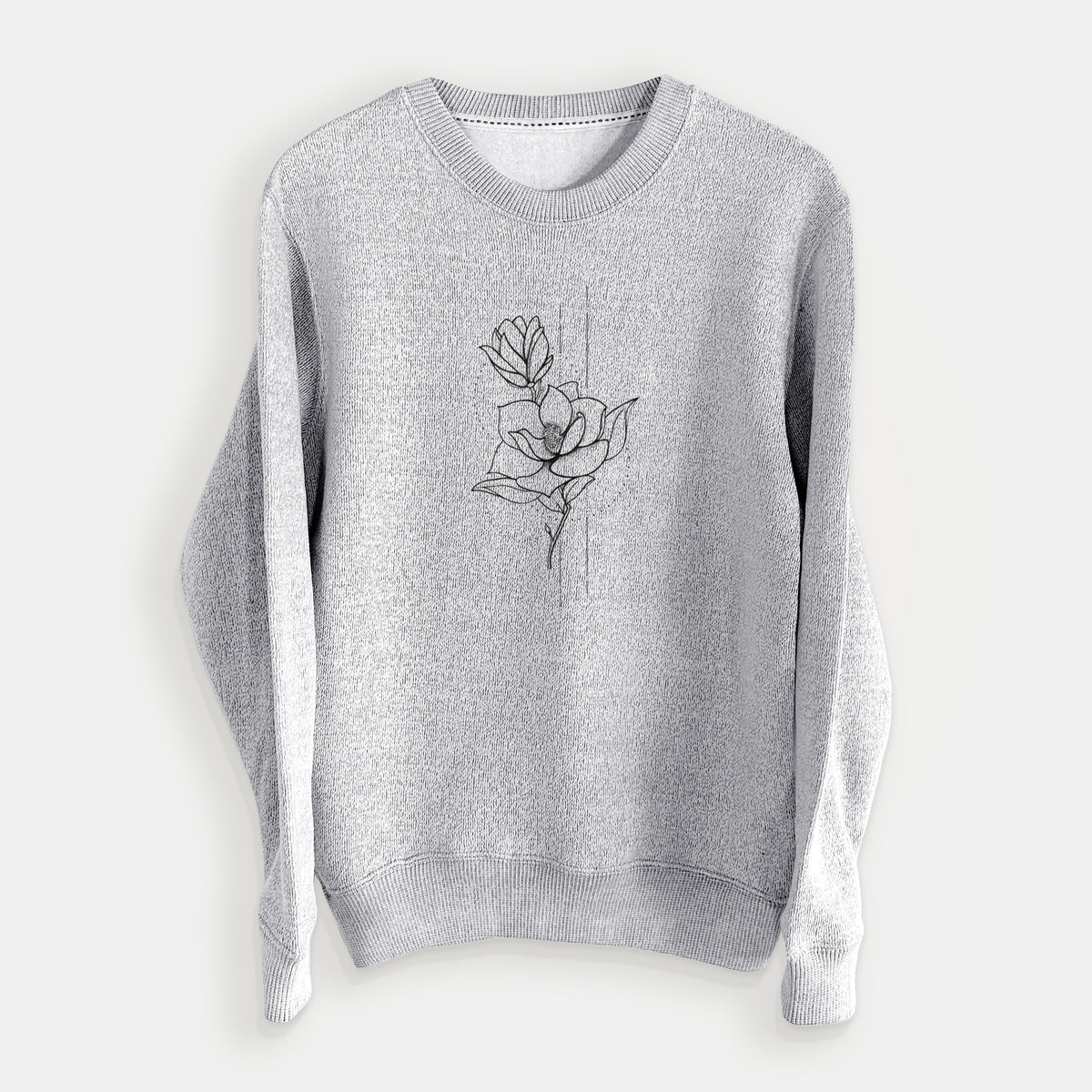 Salt and pepper knit sweatshirt laid flat, printed with a black ink line drawing of a magnolia blossom on a stem.