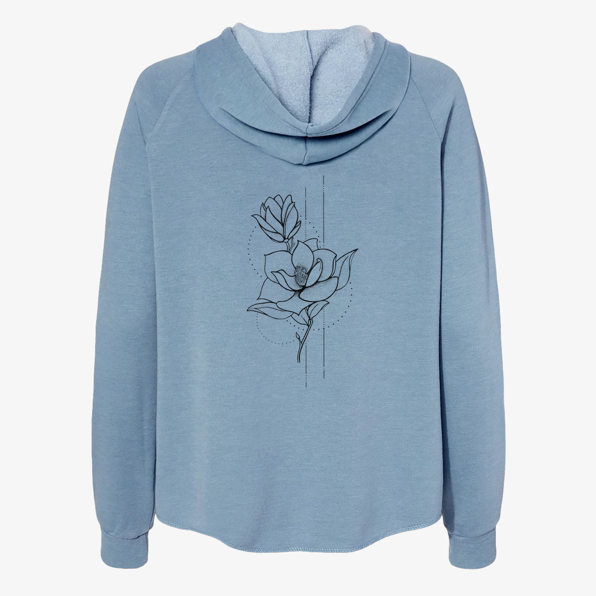 Misty blue women's Cali Wave zip-up sweatshirt laid flat, printed with a black ink line drawing of a magnolia blossom on a stem.