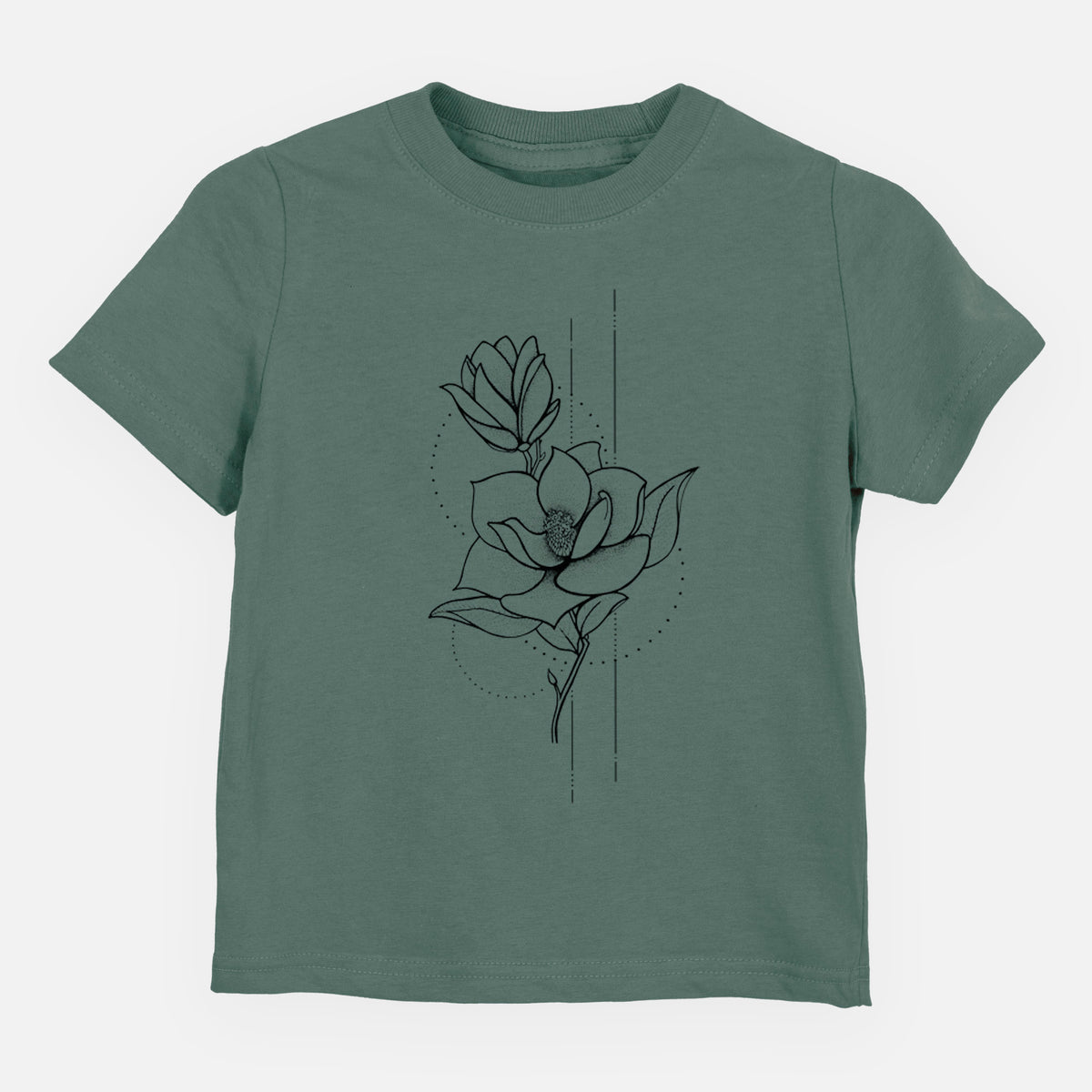 Basil green toddler t-shirt laid flat, printed with a black ink line drawing of a magnolia blossom on a stem.