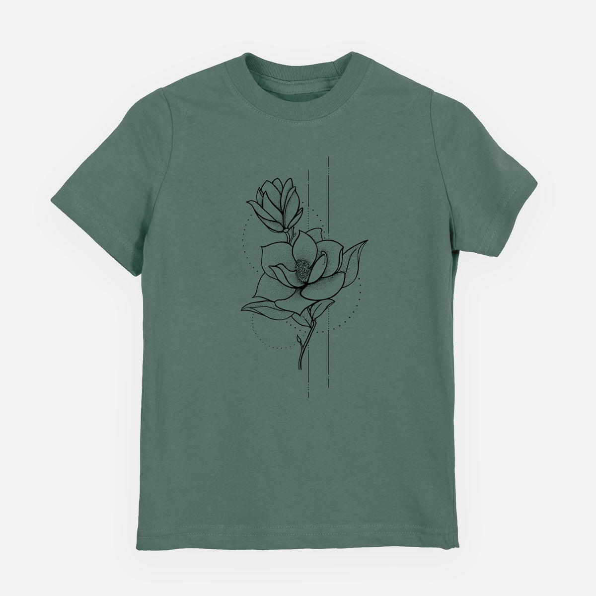 Basil green youth t-shirt laid flat, printed with a black ink line drawing of a magnolia blossom on a stem.