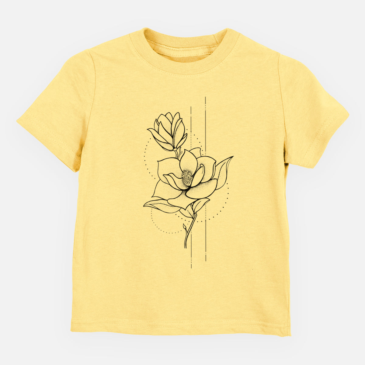 Butter yellow toddler t-shirt laid flat, printed with a black ink line drawing of a magnolia blossom on a stem.