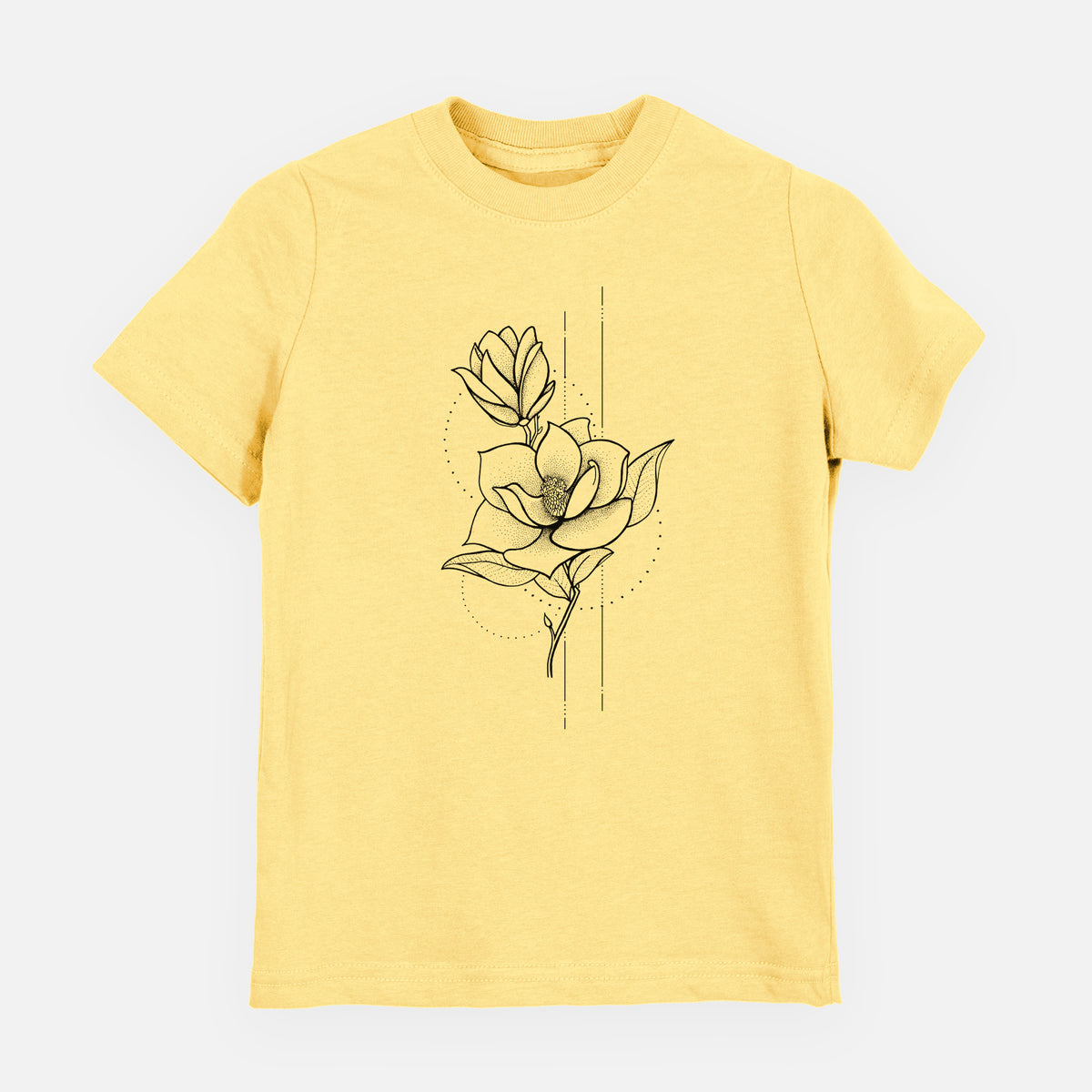 Butter yellow youth t-shirt laid flat, printed with a black ink line drawing of a magnolia blossom on a stem.