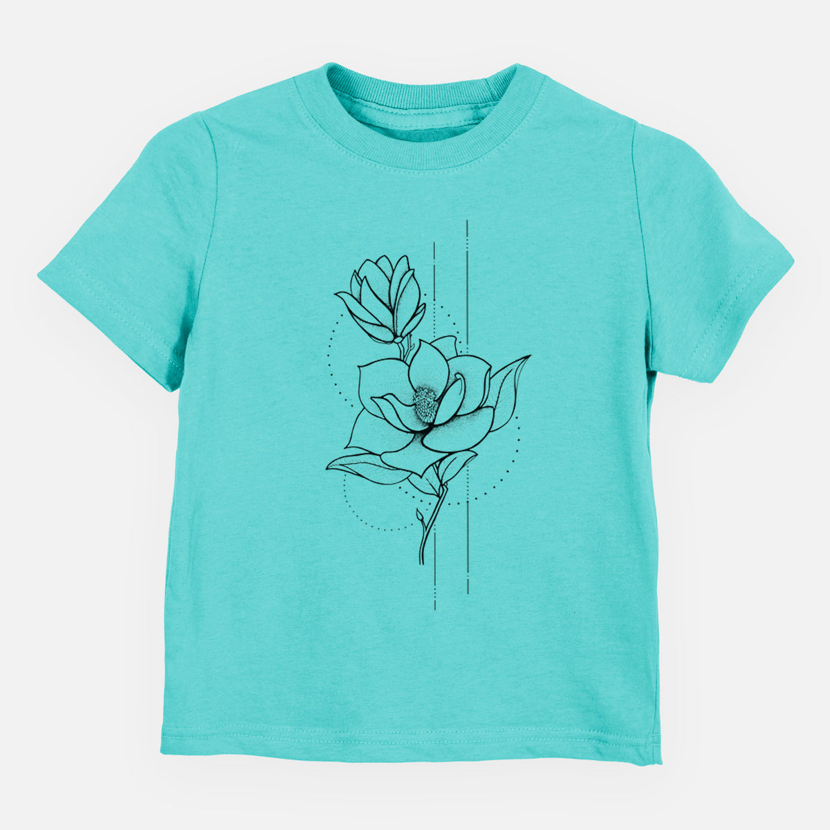 Caribbean blue toddler t-shirt laid flat, printed with a black ink line drawing of a magnolia blossom on a stem.