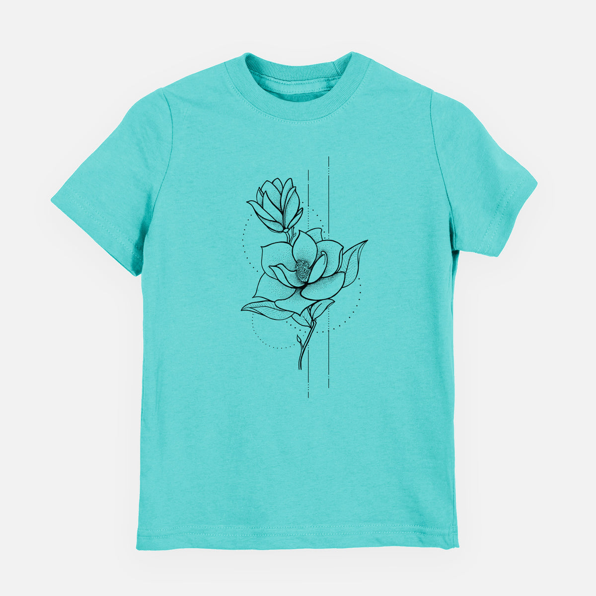 Caribbean blue youth t-shirt laid flat, printed with a black ink line drawing of a magnolia blossom on a stem.