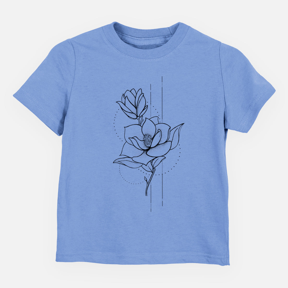 Carolina blue toddler t-shirt laid flat, printed with a black ink line drawing of a magnolia blossom on a stem.