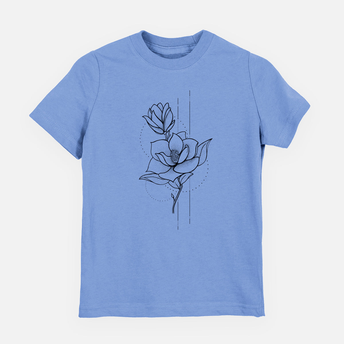 Carolina blue youth t-shirt laid flat, printed with a black ink line drawing of a magnolia blossom on a stem.