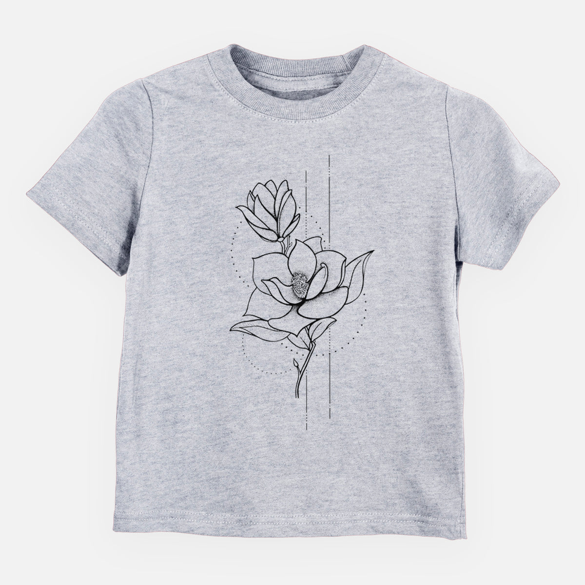 Heather grey toddler t-shirt laid flat, printed with a black ink line drawing of a magnolia blossom on a stem.