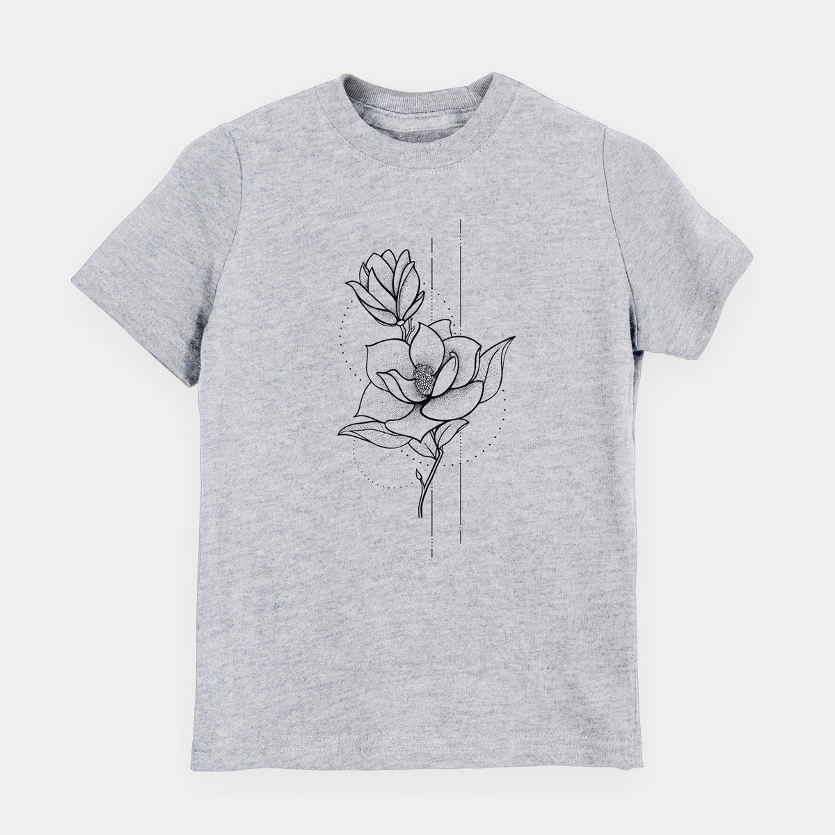 Heather grey youth t-shirt laid flat, printed with a black ink line drawing of a magnolia blossom on a stem.