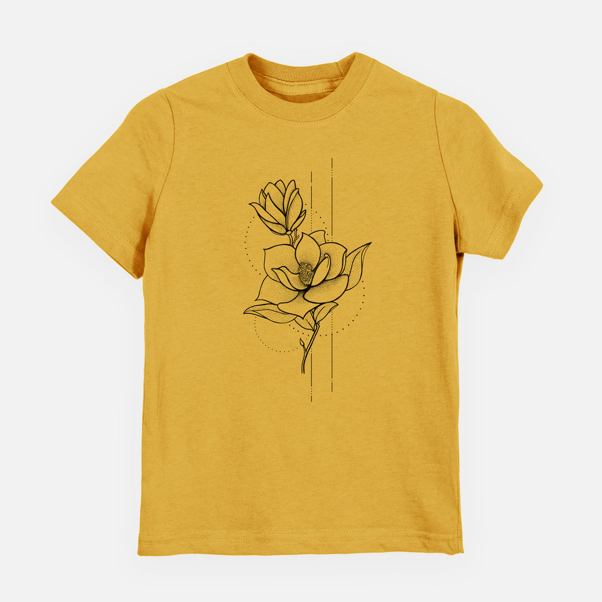 Honeycomb yellow youth t-shirt laid flat, printed with a black ink line drawing of a magnolia blossom on a stem.