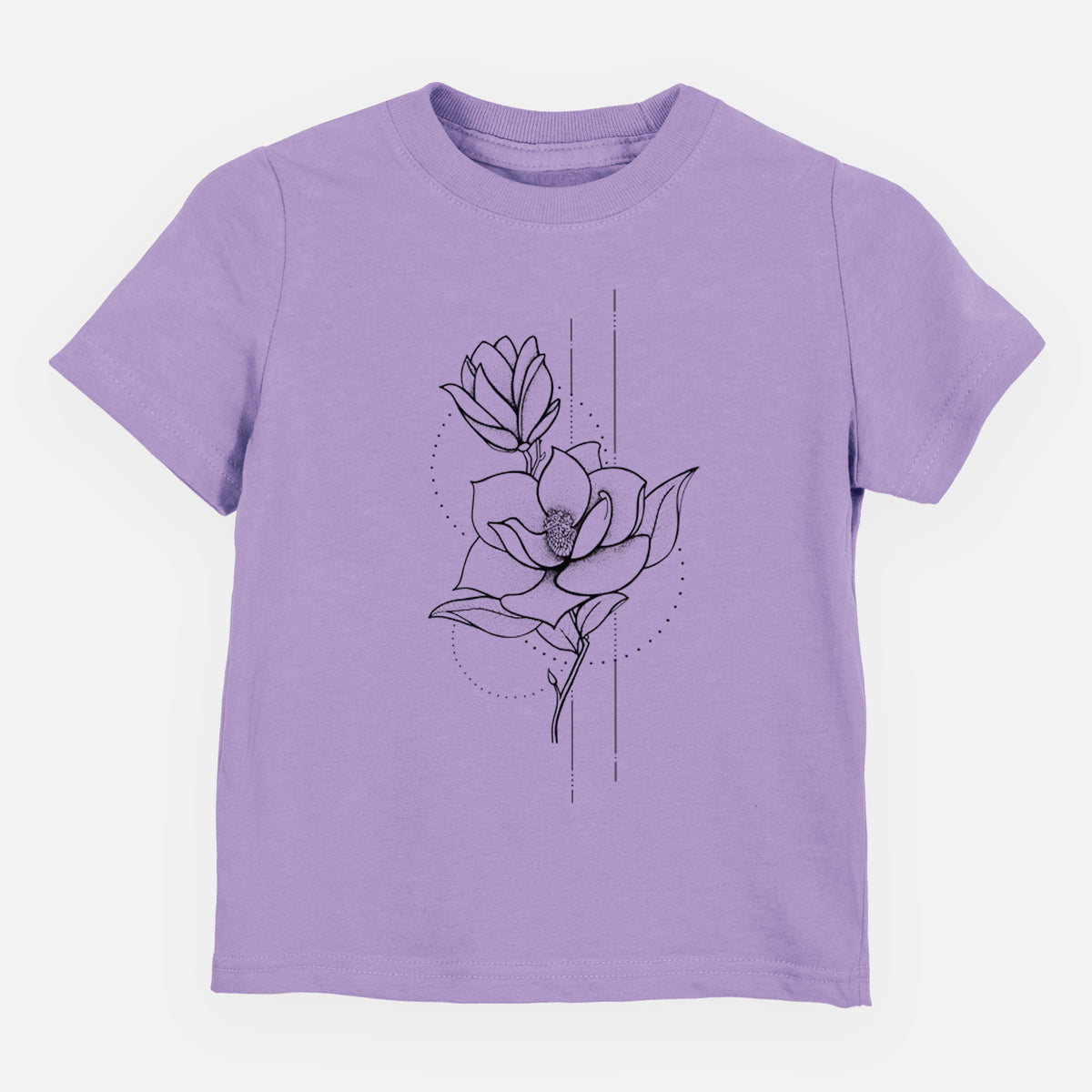 Lavender toddler t-shirt laid flat, printed with a black ink line drawing of a magnolia blossom on a stem.