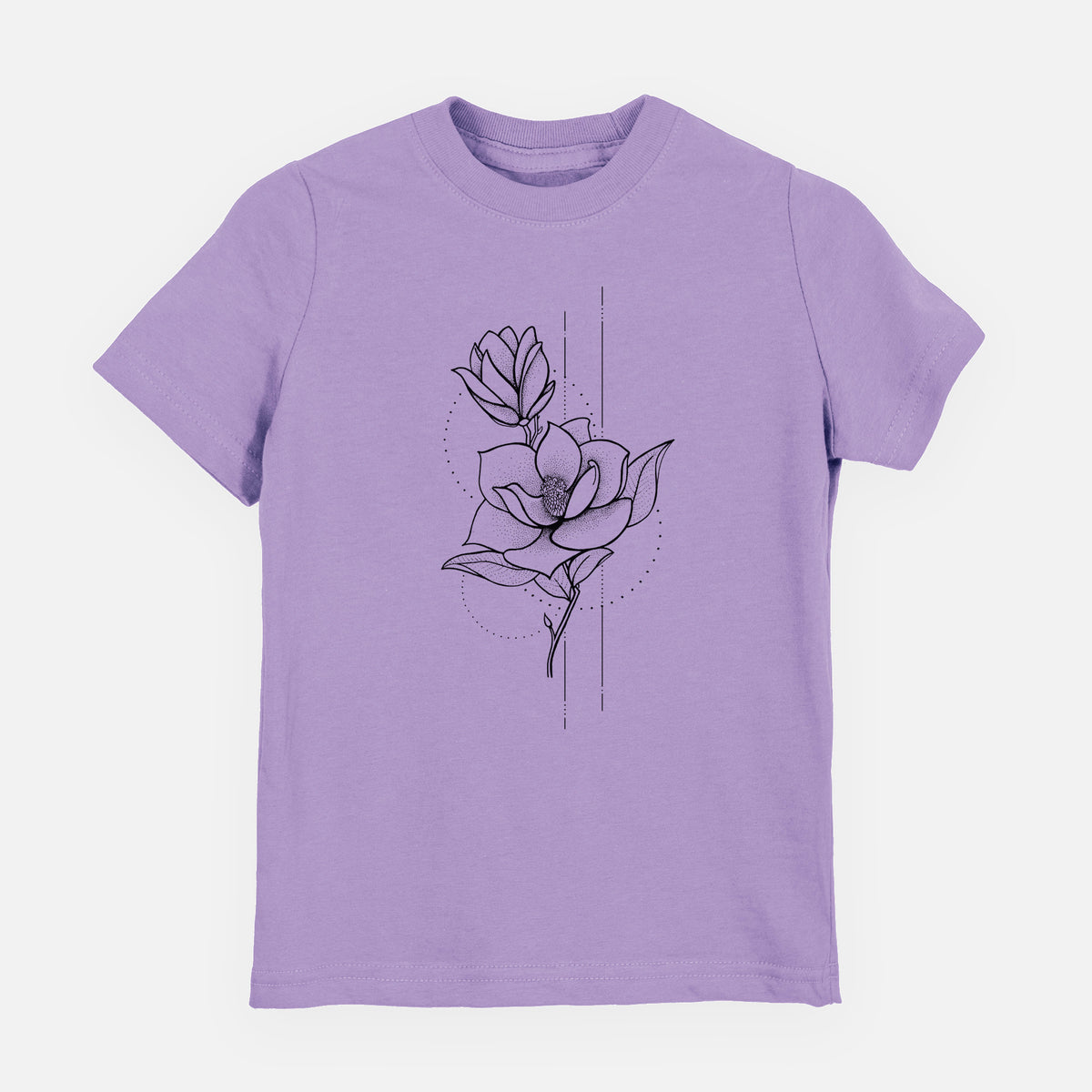 Lavender youth t-shirt laid flat, printed with a black ink line drawing of a magnolia blossom on a stem.
