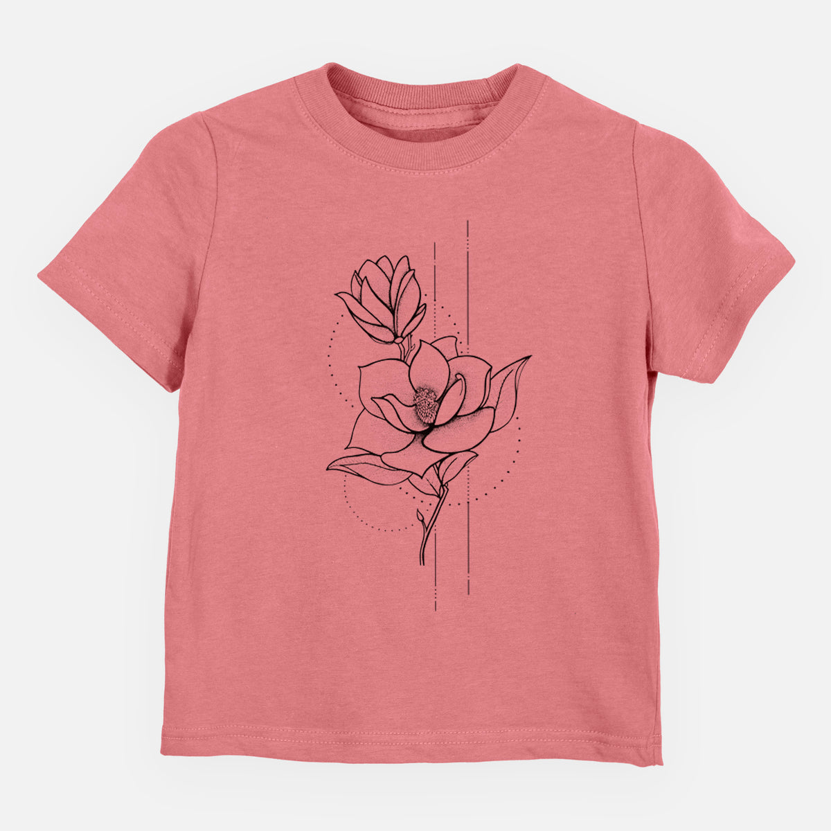 Mauve pink toddler t-shirt laid flat, printed with a black ink line drawing of a magnolia blossom on a stem.