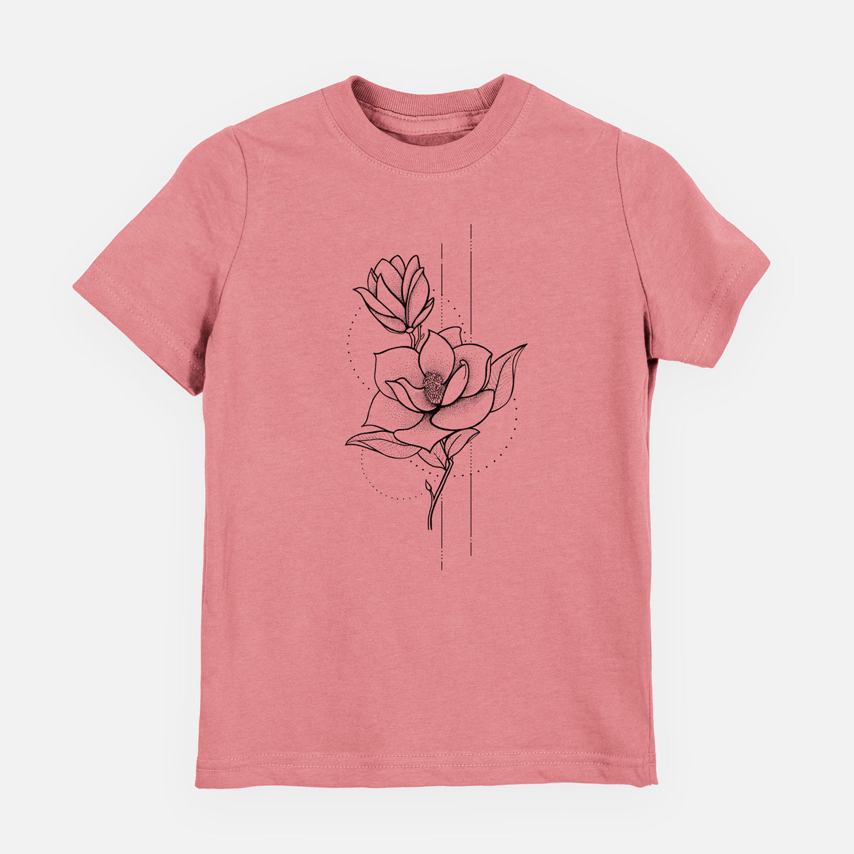 Mauve pink youth t-shirt laid flat, printed with a black ink line drawing of a magnolia blossom on a stem.
