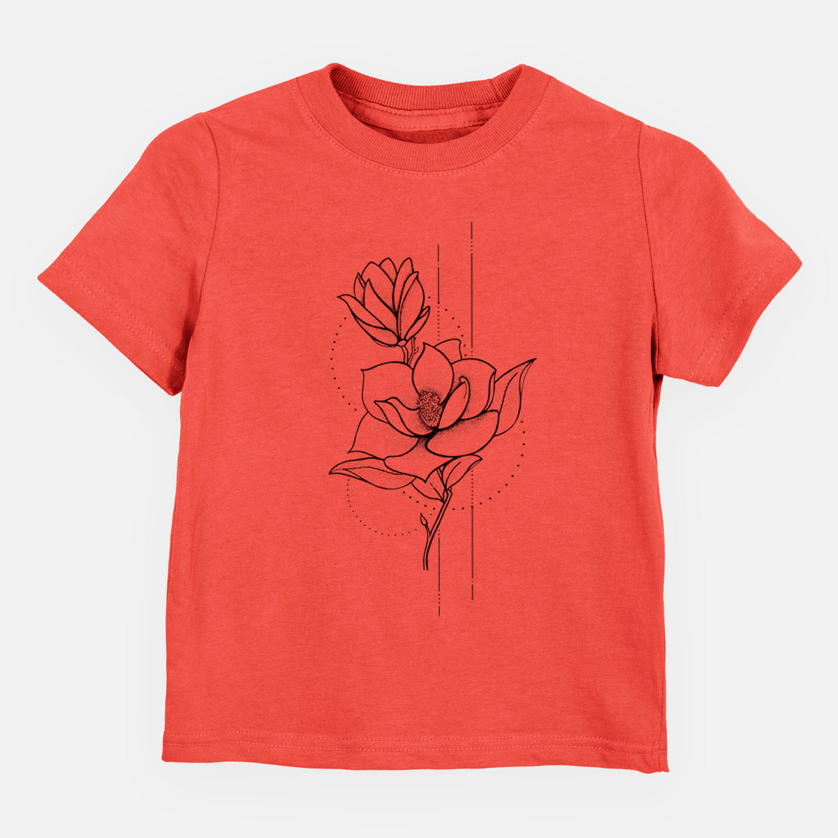 Passionfruit pink toddler t-shirt laid flat, printed with a black ink line drawing of a magnolia blossom on a stem.