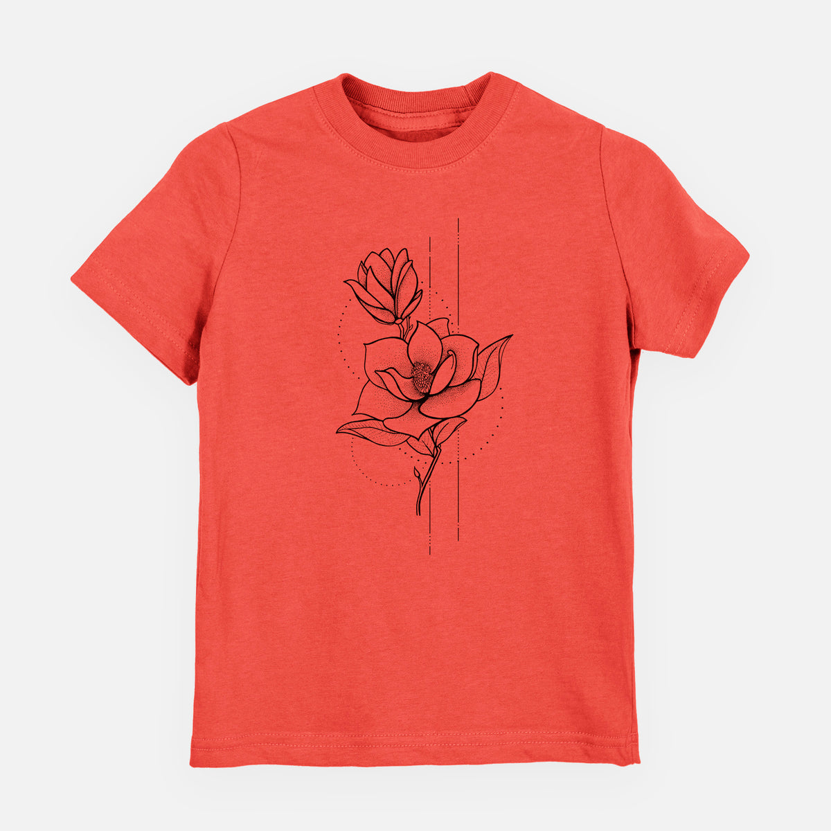 Passionfruit pink youth t-shirt laid flat, printed with a black ink line drawing of a magnolia blossom on a stem.