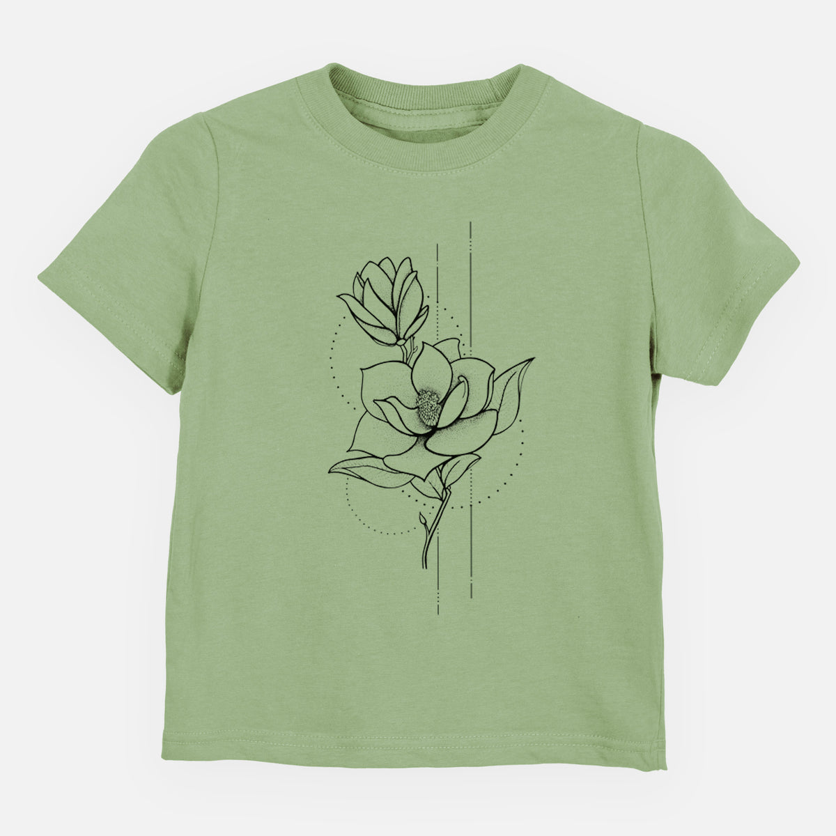 Sage green toddler t-shirt laid flat, printed with a black ink line drawing of a magnolia blossom on a stem.