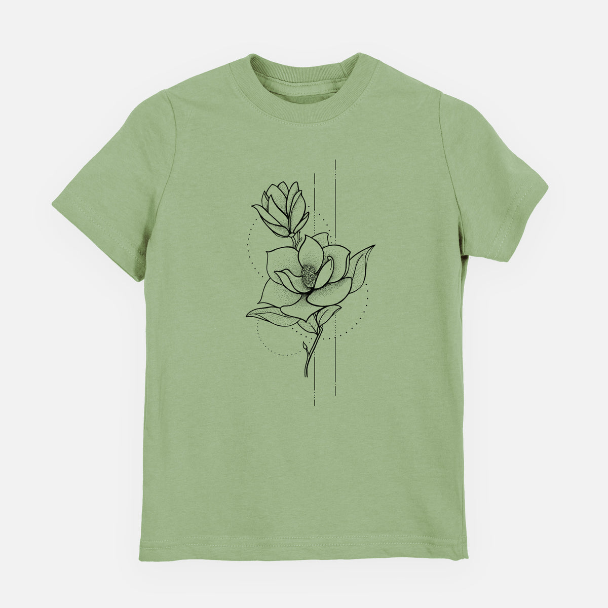 Sage green youth t-shirt laid flat, printed with a black ink line drawing of a magnolia blossom on a stem.
