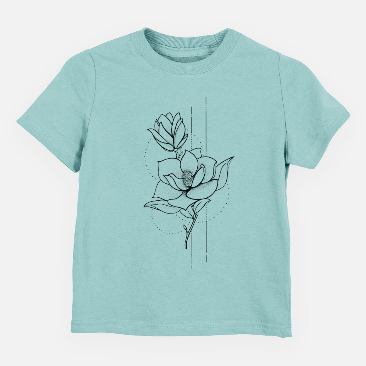 Saltwater toddler t-shirt laid flat, printed with a black ink line drawing of a magnolia blossom on a stem.
