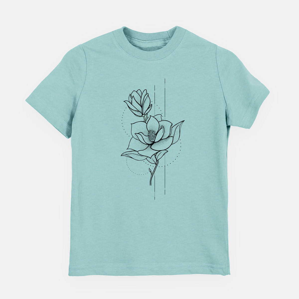 Saltwater youth t-shirt laid flat, printed with a black ink line drawing of a magnolia blossom on a stem.