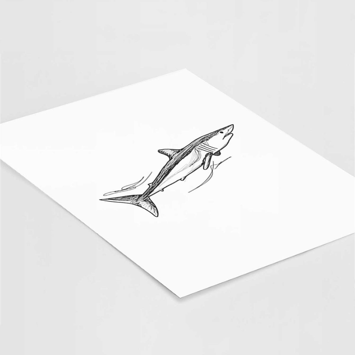 Art print of a black ink illustration of a mako shark swimming, lying at an angle on a white surface.
