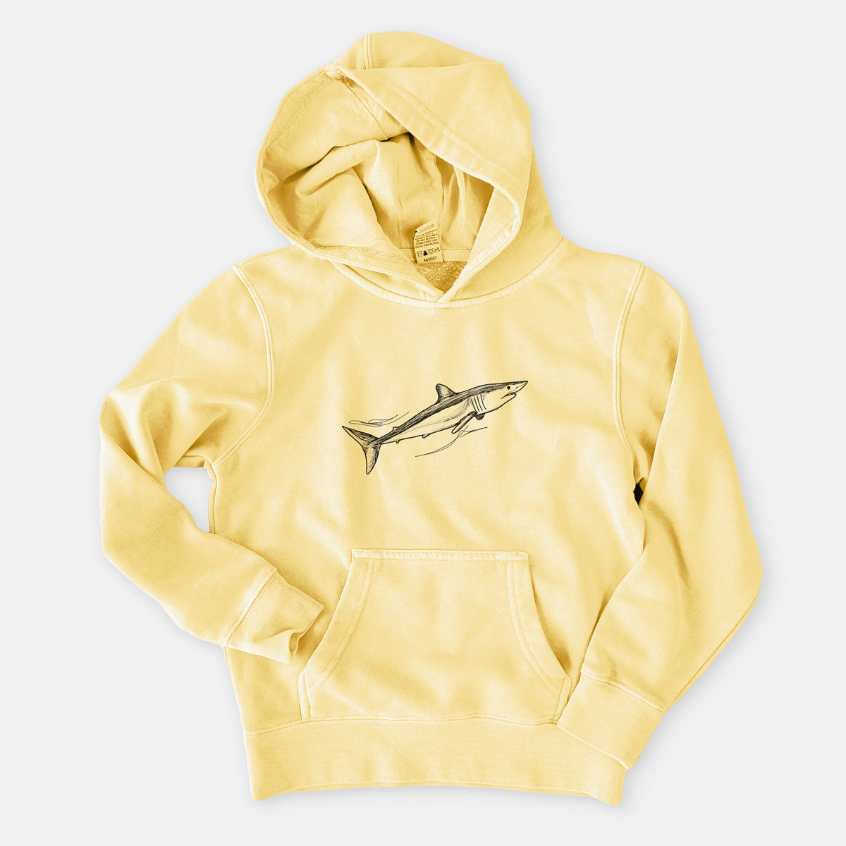 Pigment yellow youth pigment dyed hoodie laid flat, printed with a black ink illustration of a mako shark swimming.