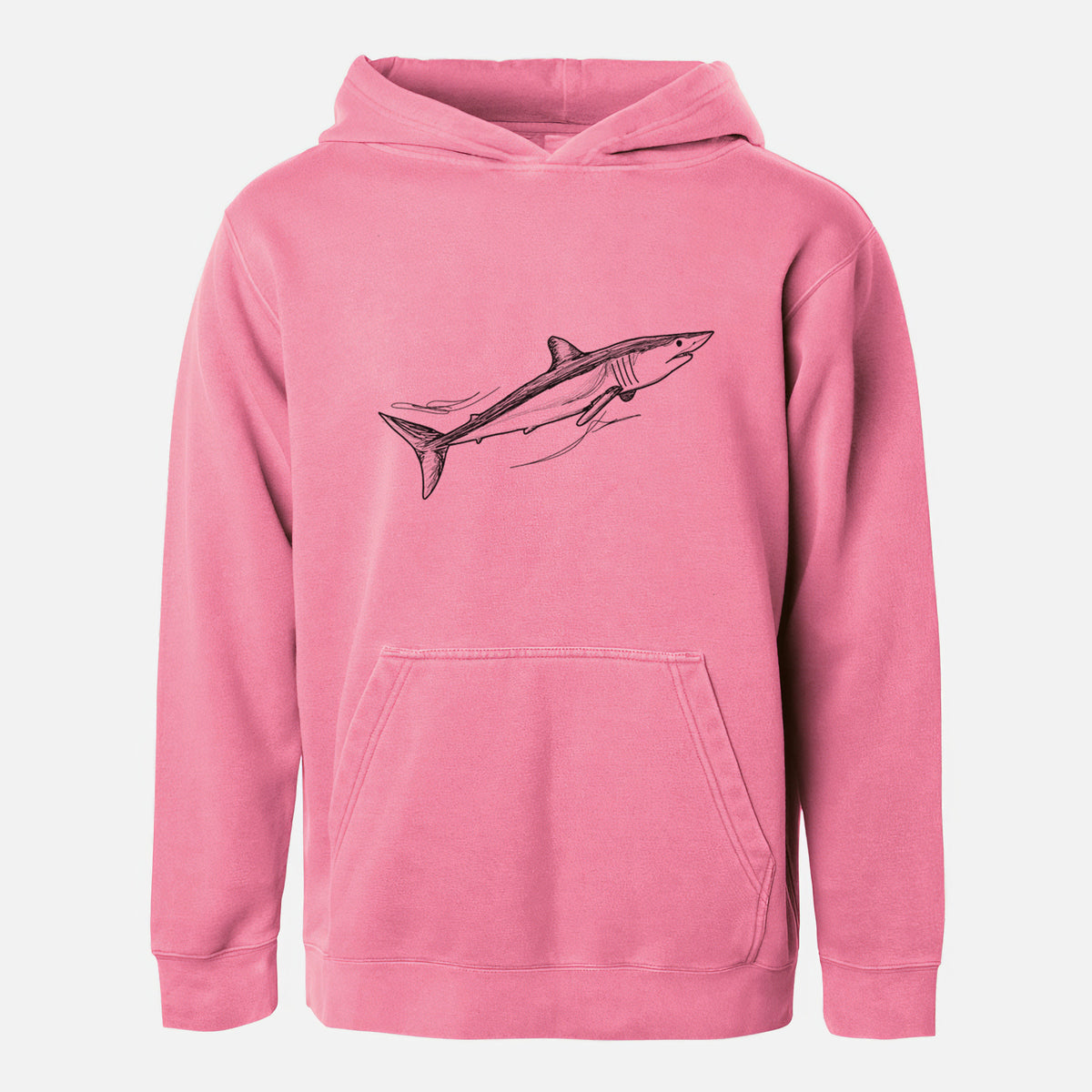 Pigment pink youth pigment dyed hoodie laid flat, printed with a black ink illustration of a mako shark swimming.