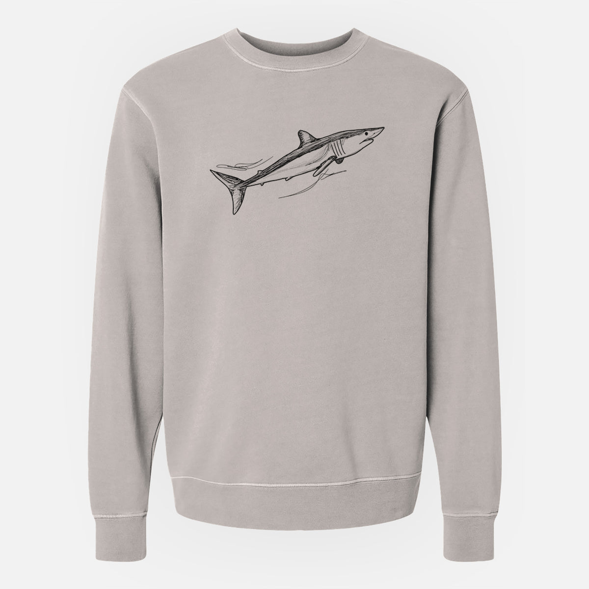 Cement grey pigment dyed crewneck sweatshirt laid flat, printed with a black ink illustration of a mako shark swimming.