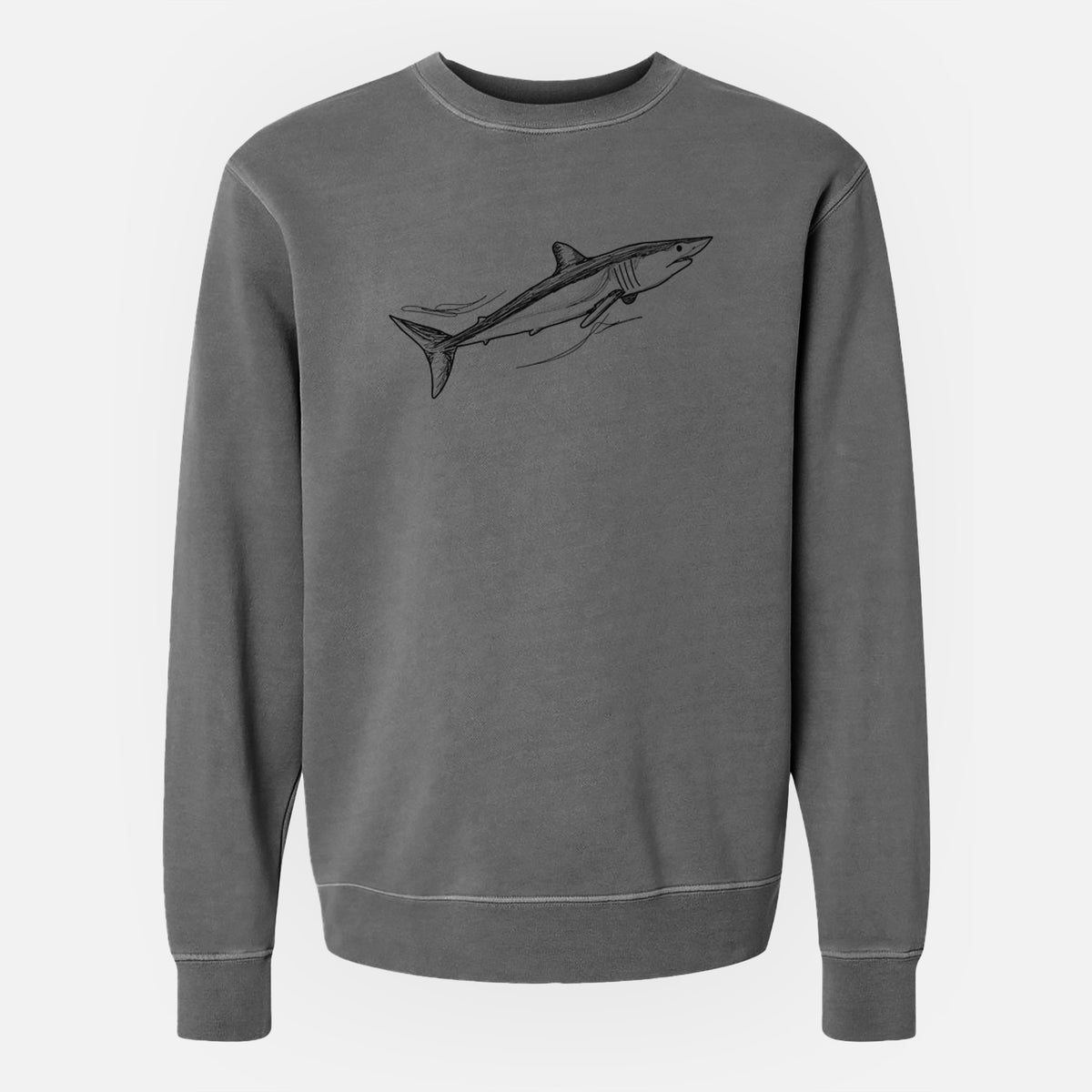 Faded black pigment dyed crewneck sweatshirt laid flat, printed with a black ink illustration of a mako shark swimming.