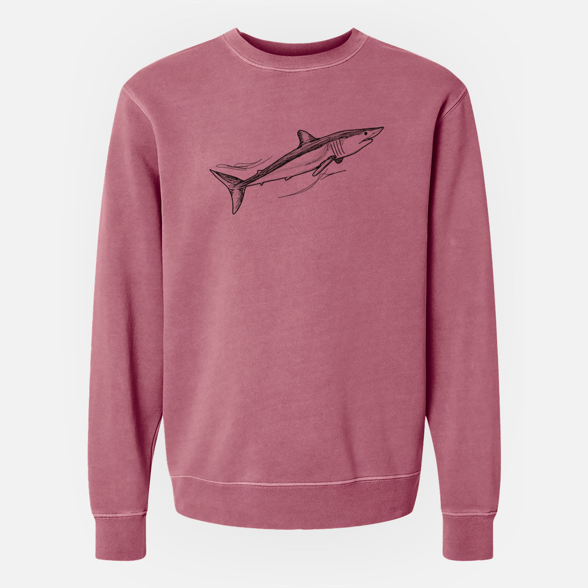Maroon pigment dyed crewneck sweatshirt laid flat, printed with a black ink illustration of a mako shark swimming.