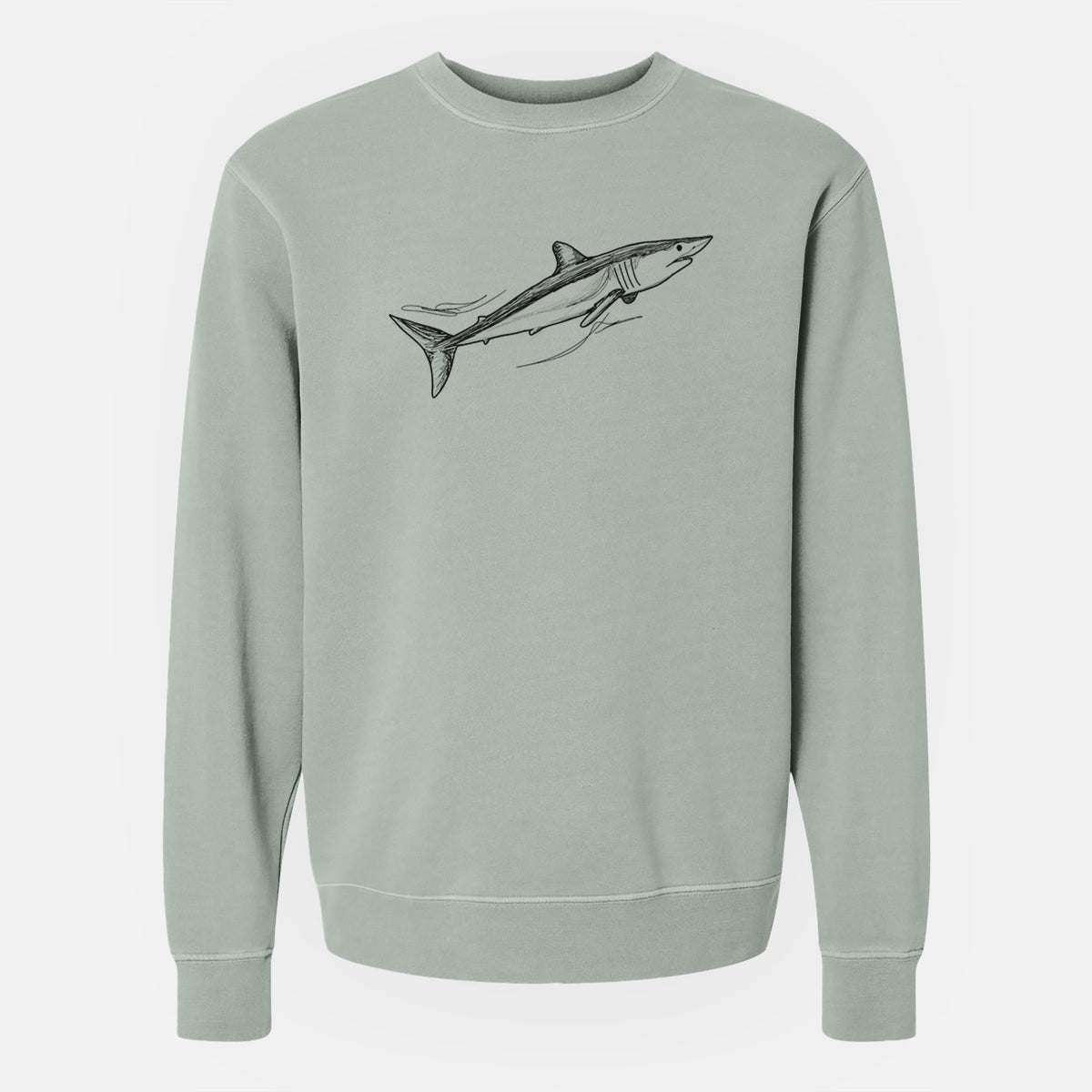 Sage green pigment dyed crewneck sweatshirt laid flat, printed with a black ink illustration of a mako shark swimming.
