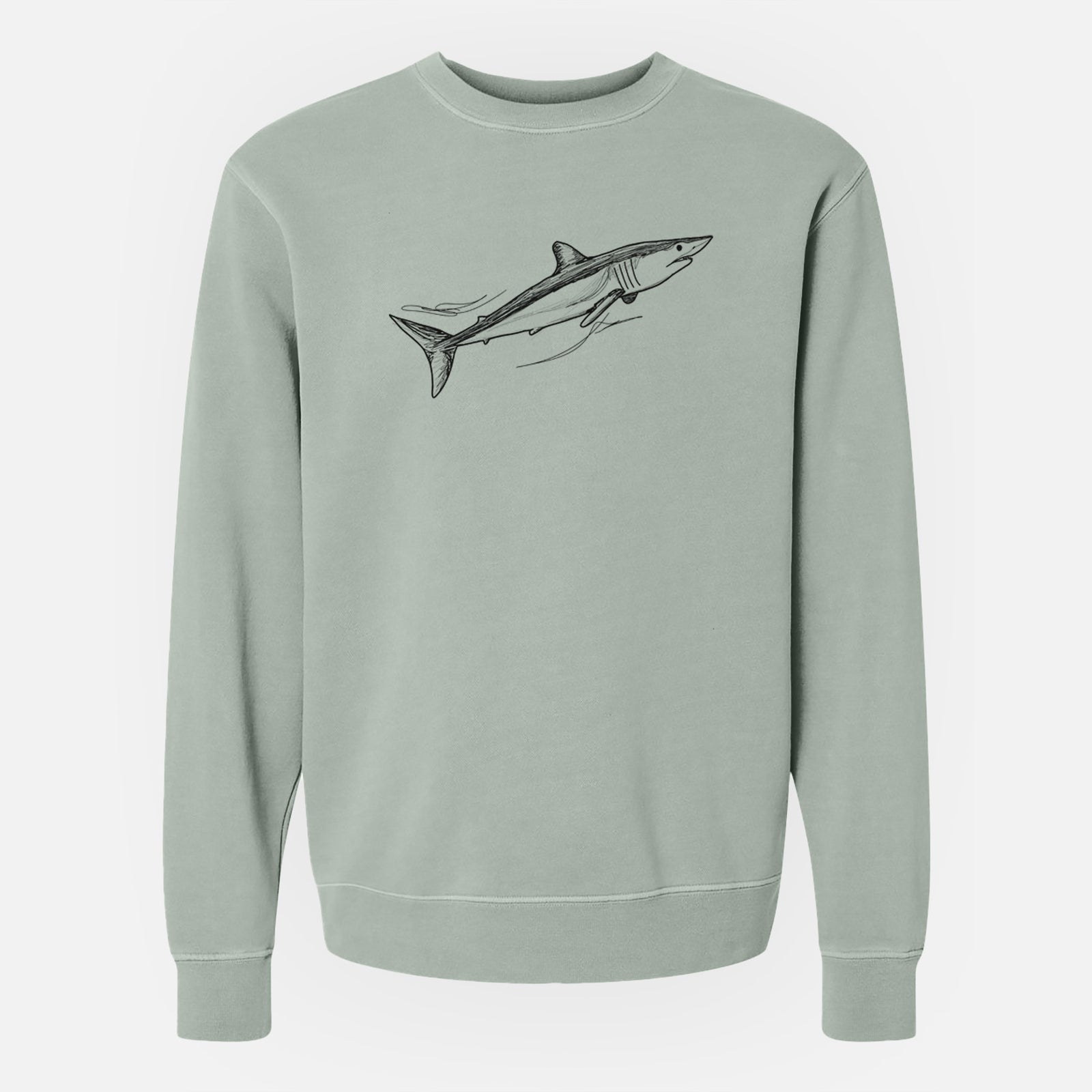 Sage green pigment dyed crewneck sweatshirt laid flat, printed with a black ink illustration of a mako shark swimming.