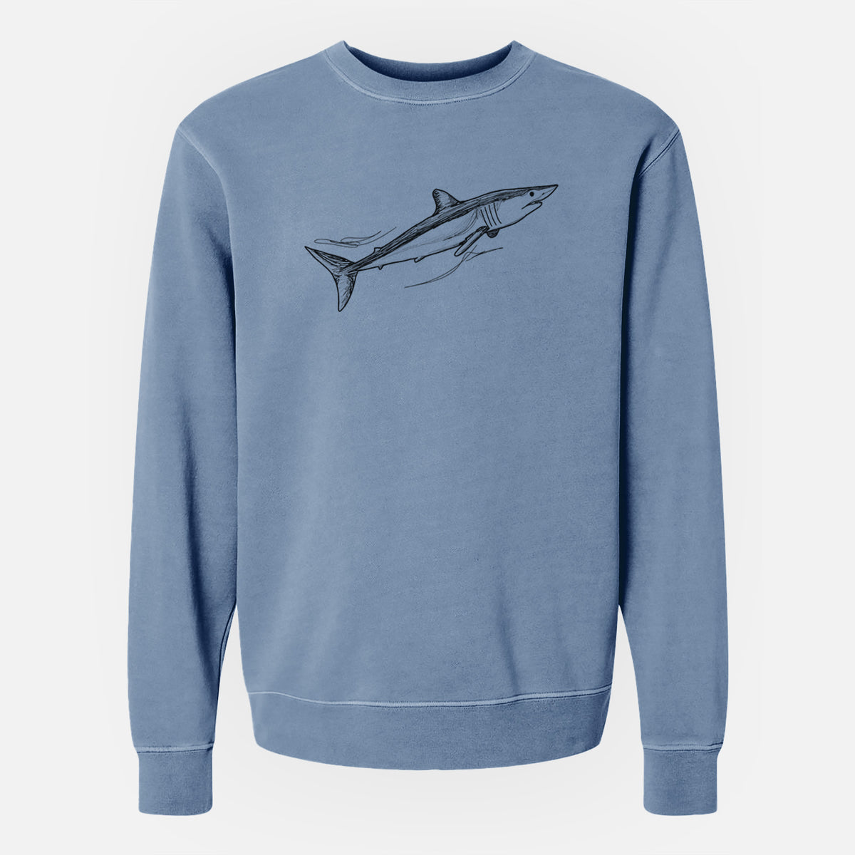 Slate blue pigment dyed crewneck sweatshirt laid flat, printed with a black ink illustration of a mako shark swimming.